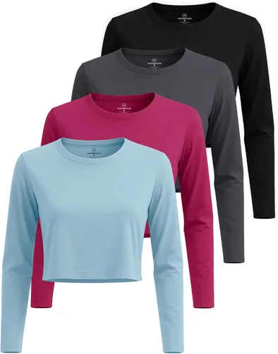 Vista 11 de Real Essentials 4 Pack: Camiseta de manga larga y cuello redondo para mujer, de algodón, recortada - Camiseta casual corta