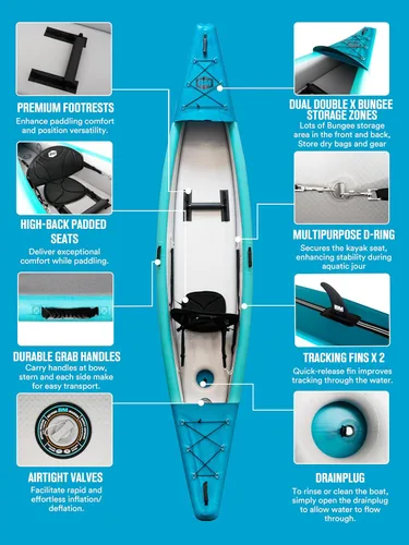 Vista 3 de BEYOND MARINA - Kayak inflable para 1, 2 y 3 personas para adultos - Kayak de costura completa con remos de aluminio, asientos, reposapiés, bomba