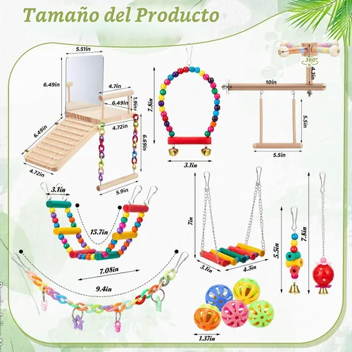 Vista 3 de 13 piezas de juguetes de periquito para pájaros, plataforma de perca para pájaros, escalera de espejo oscilante con función de giro de 360°