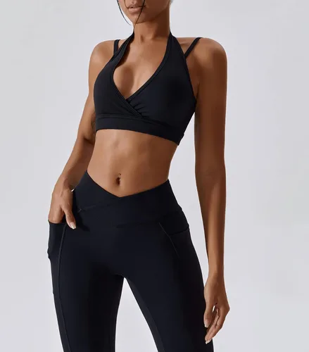 Vista 3 de ABOCIW Conjuntos de entrenamiento para mujer, cuello en V, brasier deportivo, leggings de alta espera con bolsillo, gimnasio, yoga, trajes de 2