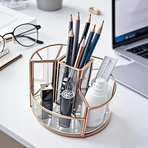 Vista 4 de Soporte para brochas de maquillaje giratorio de 360°, organizador de maquillaje, bandeja de perfume, organizador de baño y almacenamiento