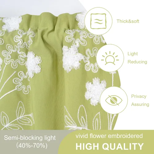 Vista 6 de Molaxhome Cenefas de ventana bordadas florales opacas con bolsillo para barra, cortinas para cocina, color verde, 29 pulgadas de ancho x 24 pulgadas