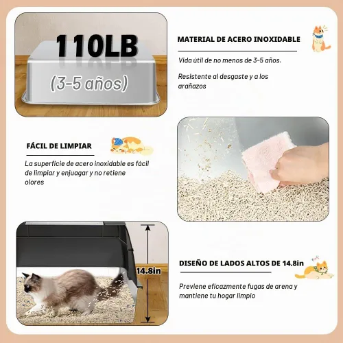 Vista 5 de Vivifying Caja de arena XL para gatos de acero inoxidable con tapa, entrada