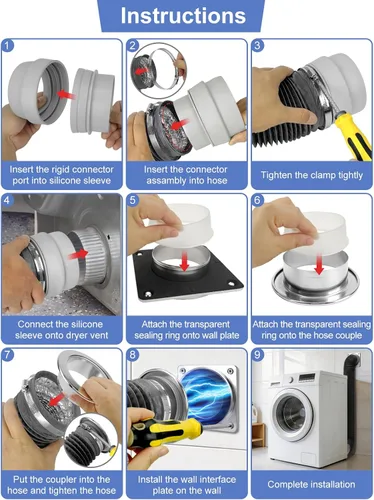 Vista 9 de Kit de conector magnético de ventilación de secadora 6 todo en uno con manguera de ventilación de secadora de 4 pulgadas y 8 pies, kit de limpiador