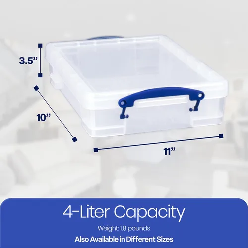 Vista 3 de Really Useful Box Contenedor apilable de plástico de 4 litros con tapa a presión y asas de bloqueo de clip integradas para organización del hogar