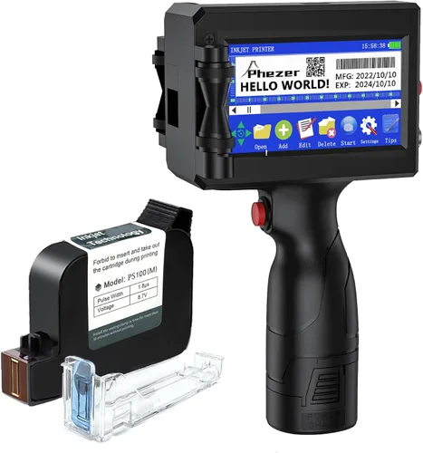 Vista 11 de Phezer Impresora de inyección de tinta portátil P16 mejorada para superficie plana con cartucho de tinta de secado rápido, máquina de codificación