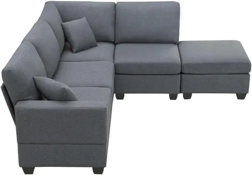 Vista 4 de Juego de sofá esquinero de tela de lino en forma de L de 89.8 x 60.2 pulgadas, sofá seccional, modular de 5 asientos con otomana convertible (E)