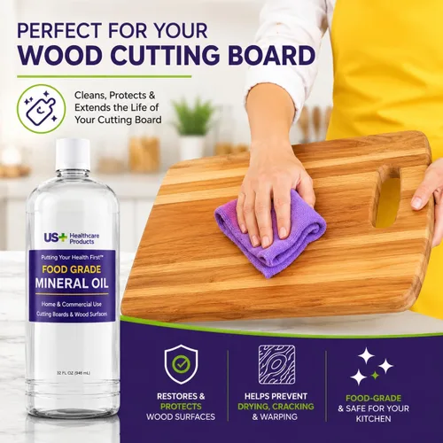 Vista 2 de US+ Aceite mineral 100% puro de 32 onzas, aceite para tablas de cortar, grado alimenticio, USP, restaura y protege tablas de cortar, bloques