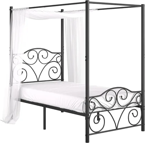 Vista 7 de VECELO Base de cama con dosel de metal, tamaño individual, base de colchón con plataforma de 4 pósteres con cabecero, soporte de listones de acero