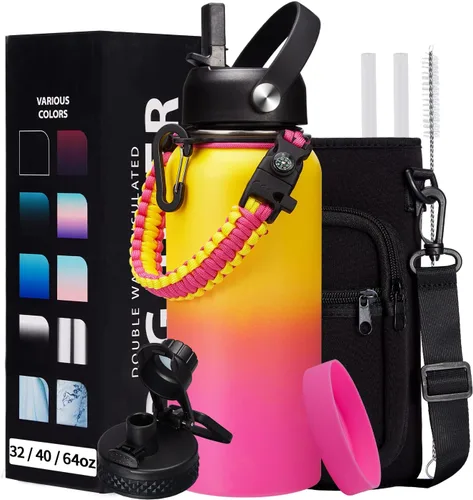 Vista 48 de Botella de agua aislada de 1 galón, con popote y tapa de pico automático, mango de paracord, funda para botella, botella de agua de acero inoxidable