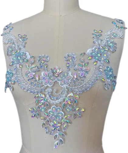 Vista 2 de Parches de encaje con flores y cuentas de perlas, apliques de strass para coser en ropa, cuello (AB)