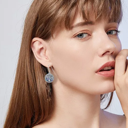Vista 3 de Aniu Aretes colgantes de árbol de la vida, flor, turquesa, ópalo azul, malaquita, ágata musgo, lágrima, para mujer, plata de ley, aniversario