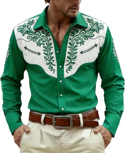 Vista 13 de Camisas occidentales para hombre, manga larga, con solapa bordada, color negro, vestido de festival para hombres, ropa vaquera, ropa floral