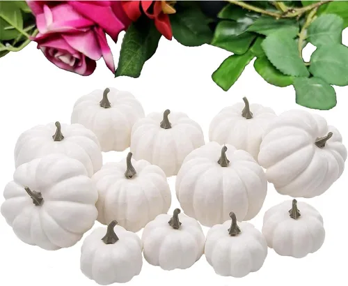 Vista 5 de WESAPPINC Calabazas artificiales, 12 piezas de calabazas falsas blancas, calabazas surtidas, grandes calabazas de imitación de cosecha