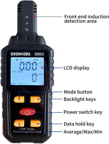 Vista 5 de Medidor EMF 3 en 1, Lector EMF, Detector de Radiación de Campo Electromagnético, Probador EMF para el Hogar, Detector EMF con Alarma de Luz