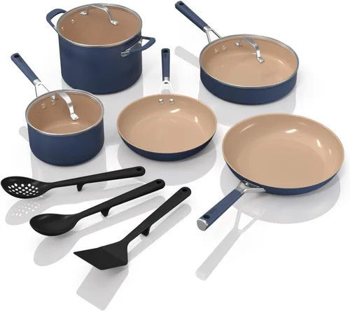 Vista 24 de Juego de ollas y sartenes Ninja antiadherentes Juego de utensilios de cocina de cerámica premium de vida extendida 9 piezas antiadherentes Gris