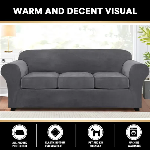 Vista 8 de Fundas elásticas de terciopelo real para silla de 3/4 piezas, fundas para sofá, protectores de muebles, patrón a cuadros, extraíbles y lavables