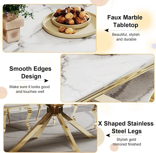 Vista 5 de Juego de mesa de comedor de mármol para 6, mesa de cocina rectangular de mármol blanco de 68 pulgadas con patas en X de acero inoxidable dorado