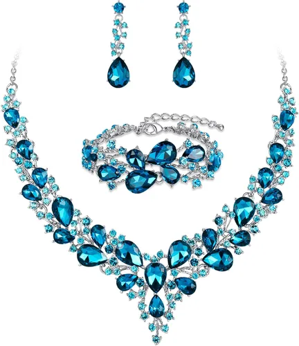 Vista 10 de BriLove - Juego de joyas de boda con cristales austriacos, collar, aretes y pulsera para mujer 01-Tono plateado transparente