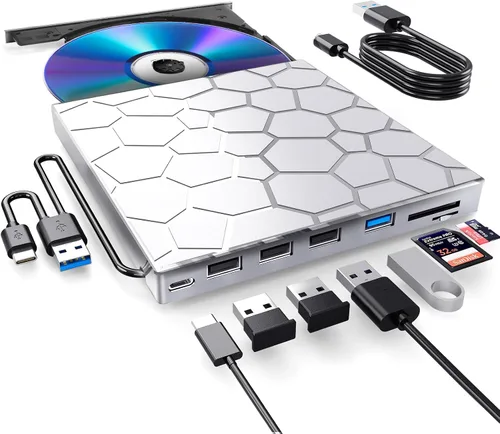 Vista 12 de BPAKDU - Unidad externa de CD/DVD para laptop, grabadora de CD ultra delgada, concentrador USB 3.0 con 4 puertos USB, 2 ranuras para tarjetas TF/SD