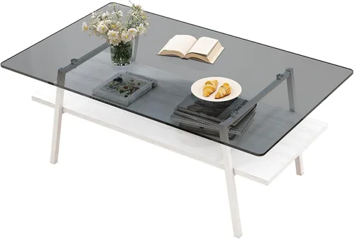 Vista 3 de Mesa de centro de cristal para sala de estar, mesa de centro de 2 niveles de mediados de siglo, mesa central con parte superior de vidrio templado
