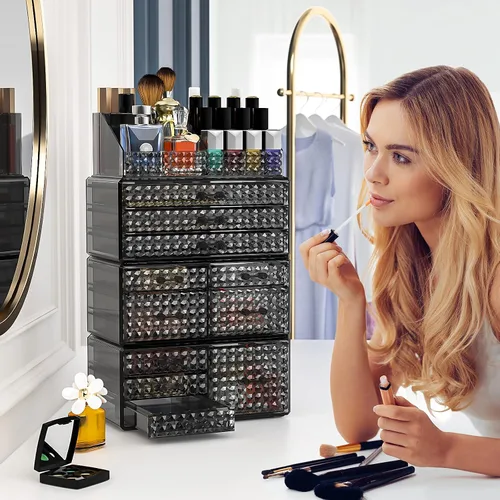 Vista 6 de Awenia Paquete de 4 organizadores de maquillaje apilables [actualizado], almacenamiento de cosméticos acrílicos, gran capacidad con 11 cajones