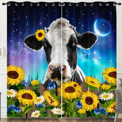 Vista 9 de HOSIMA Impresión 3D de pintura al óleo de las tierras altas de vaca y girasol cortinas para sala de estar, juego de 2 paneles de 45 pulgadas de Azul