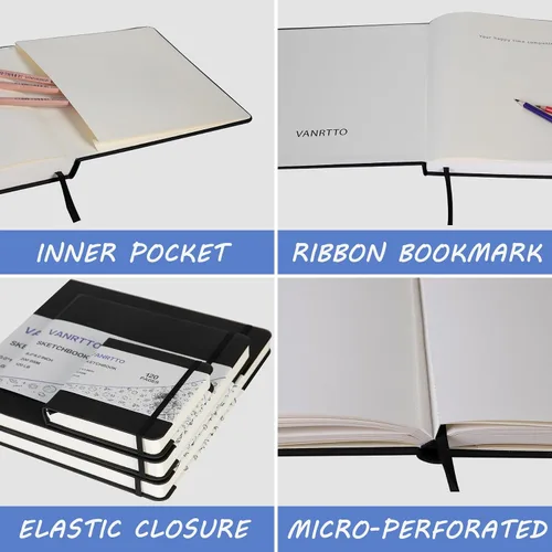 Vista 4 de VANRTTO Cuaderno de bocetos cuadrado de tapa dura, 120 libras/200 GSM, papel de dibujo grueso para marcador, acuarela, medios mixtos, cuaderno