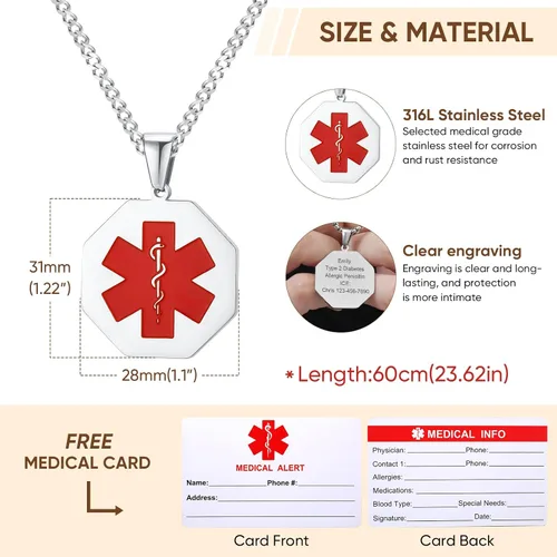 Vista 47 de VNOX Collar con colgante personalizado de acero inoxidable con grabado personalizado para identificación de alerta médica de emergencia para hombres