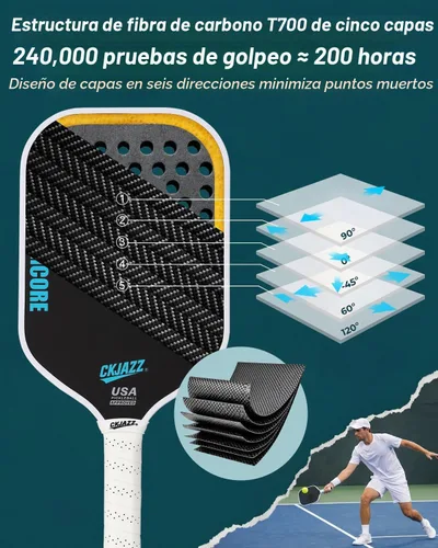 Vista 4 de Paleta de pickleball - Pala de pickleball de fibra de carbono - Pala de rendimiento 100% con núcleo de espuma