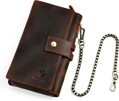 Vista 45 de Genuino Caballo Loco Cuero Regalo de Viaje Moneda Bolsillo Tarjetero Organizador Largo Cadena Rfid Cartera Monedero Con Broche Para Hombres Hombres
