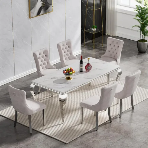 Vista 55 de Juego de 4 mesas de comedor blancas y doradas, mesa de cocina rectangular de 68 pulgadas con parte superior de mármol sintético blanco, mesa de Mesa