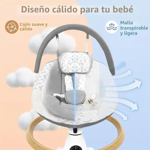 Vista 4 de Columpio para bebés con 5 velocidades de oscilación, columpio eléctrico portátil para bebé con Bluetooth, panel táctil, arnés de 5 puntos, uso