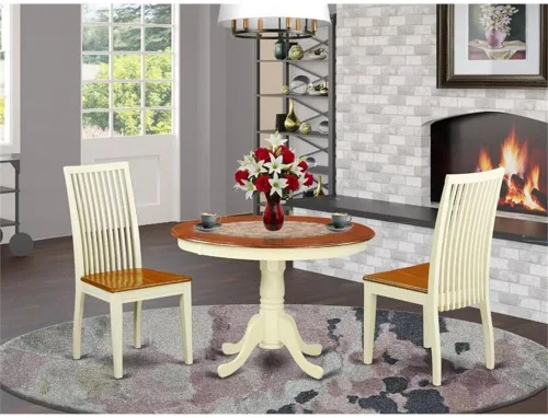 Vista 2 de East West Furniture HLIP3-BMK-W - Juego de comedor de 3 piezas que contiene una mesa de comedor redonda con pedestal y 2 sillas de cocina, 42 x 42