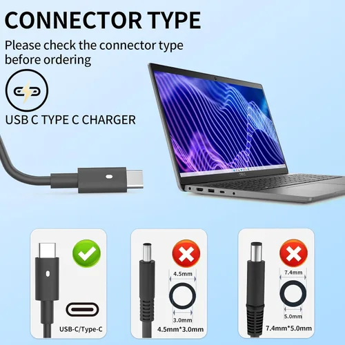 Vista 3 de Cargador de portátil USB C de 90 W para Dell XPS 13, Precision 3540, Latitude 3400 3500 5289 5300 2in1,7400 2in1,7300, 7390 2 en 1,7200 2
