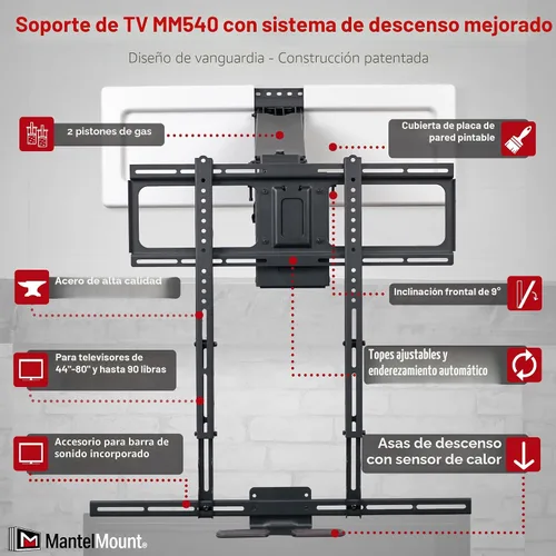 Vista 3 de MantelMount MM540 soporte desplegable para televisores de 44 a 80 pulgadas para colocar encima de la repisa de la chimenea