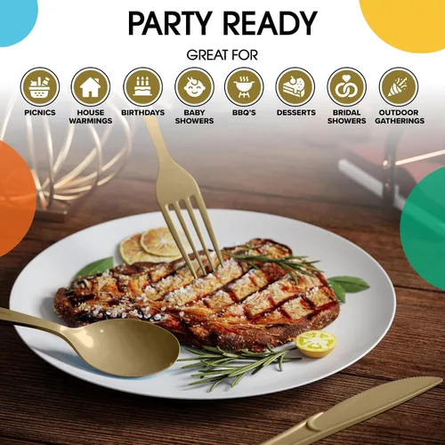 Vista 6 de Party Solids - Cuchillos de plástico dorado de 200 piezas, utensilios desechables, juego de cubiertos de alta resistencia Oro