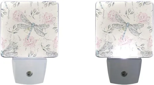 Vista 5 de Lámpara de noche LED enchufable con sensor de luz, libélulas florales grungy, luz blanca, paquete de 2 unidades, para pasillo, baño, dormitorio