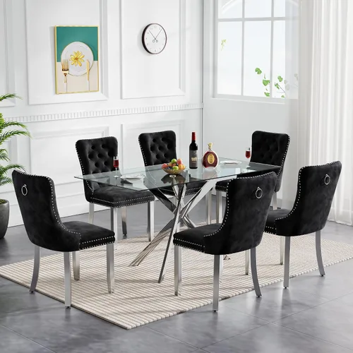 Vista 27 de Juego de mesa de comedor de cristal para cocina de 4, 5 piezas, mesa de comedor rectangular de 51 pulgadas con 4 sillas de cocina de terciopelo
