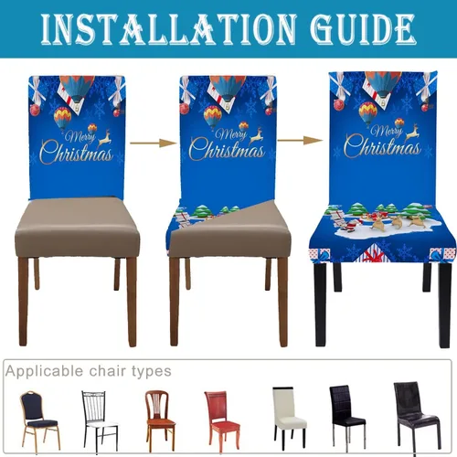 Vista 3 de Juego de 6 fundas para sillas de comedor, fundas para sillas Parsons de Navidad, color azul alce, elásticas, extraíbles y lavables, protector