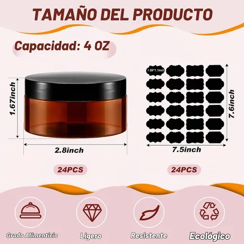 Vista 4 de Paquete de 24 tarros cosméticos de PET ámbar de 4 onzas con tapas negras y Ámbar con tapa negra