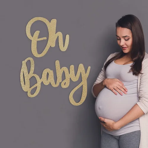 Vista 3 de Letrero de OH BABY (madera/dorado) para fiesta de baby shower, decoración de revelación de género para niño y niña, anuncios de bebé, fiesta