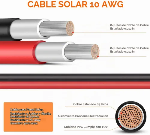 Vista 3 de Cable de extensión solar 10AWG de 10 pies rojo y negro, ambos extremos con conectores solares universales Plug & Play Cable fotovoltaico