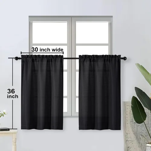 Vista 4 de OWENIE Bob Juego de 2 Paneles de Cortinas Negras de Cocina para Ventanas de 36 Pulgadas de Largo, Cortinas Cortas de Café con Textura de Lino