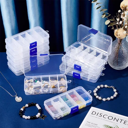 Vista 6 de NBEADS Paquete de 10 mini cajas organizadoras de plástico de 8 rejillas, 2.7 x 4.2 x 0.8 pulgadas, divisores de joyería de plástico transparente
