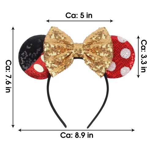Vista 2 de JIAHANG Diadema de orejas de ratón con lazo de lentejuelas doradas, decoración de fiesta, disfraces, accesorios para el cabello para mujeres y niñas