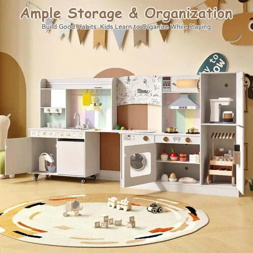 Vista 6 de Juego de cocina de esquina de madera para niños, cocina de juego grande con fregadero con agua corriente, estufa con luz y sonido, máquina de hielo