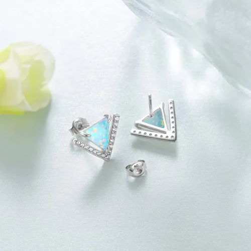 Vista 5 de Aretes triangulares de ópalo para mujer, aretes de ópalo triángulo de plata de ley 925 con circonita cúbica 5A, joyería geométrica de ópalo colorido