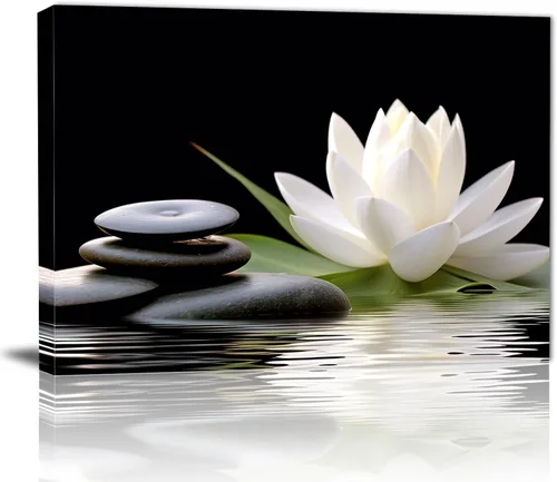 Vista 10 de GLOKAKA Arte de pared de flor de loto blanco zen, loto blanco y negro en piedra de spa y agua, lienzo impreso para yoga, meditación, sala de baño