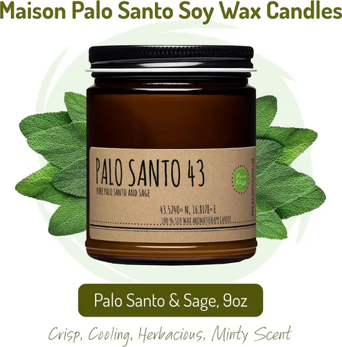 Vista 2 de Palo Santo de Ecuador y aceites esenciales de salvia griega para aromaterapia, vela de cera de soja natural para limpieza del hogar, hecha a mano